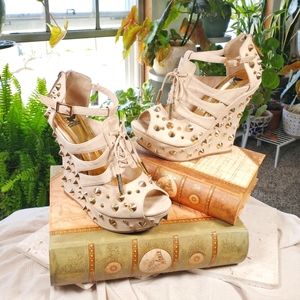 Shiekh Women's Daria Gold Stud Wedge Platform Heels in Size 8 Taupe/Gold